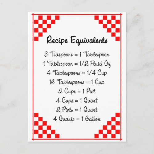 Kitchen Equivalents Red Checked Ruled Recipe Card