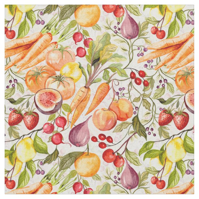 Kitchen Garden Harvest Watercolor Fruit & Veggie Fabric (Close Up)