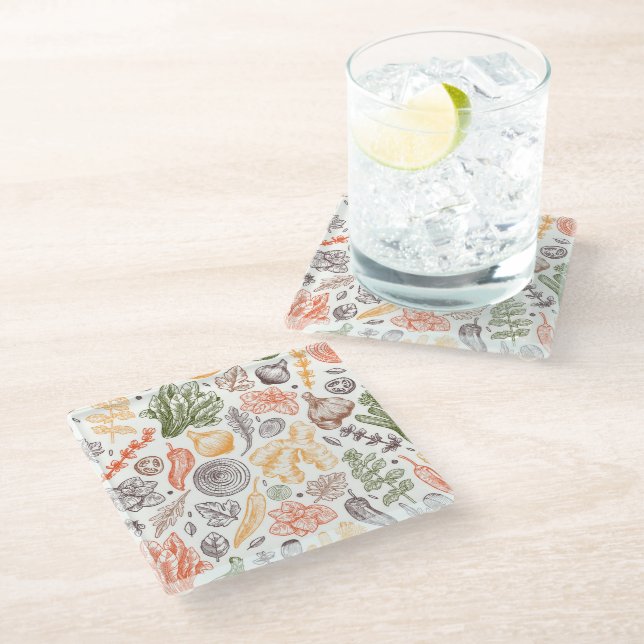 Kitchen Garden Vegetable Pattern Glass Coaster (Angled)
