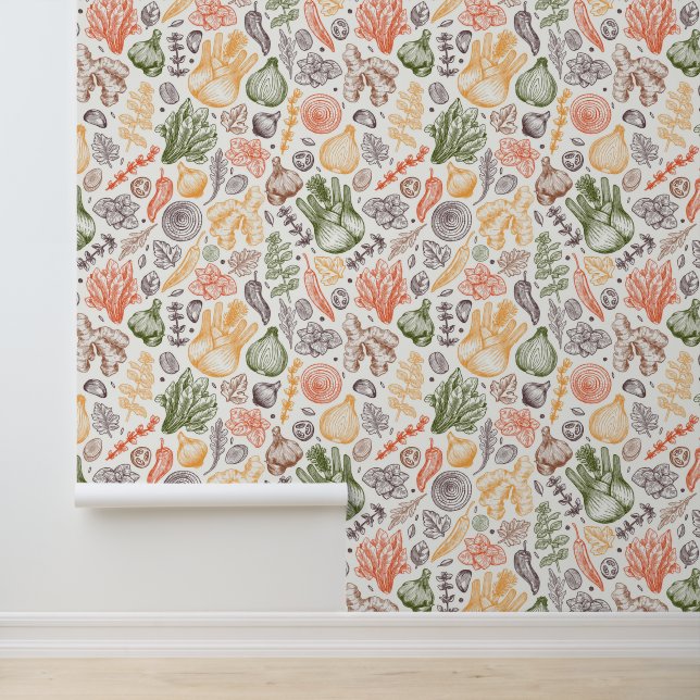 Kitchen Garden Vegetable Pattern Wallpaper (Application)