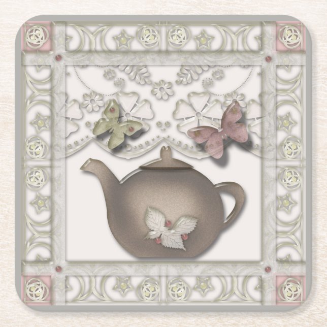 Kitchen glass tea pot beige colors square paper coaster (Front)