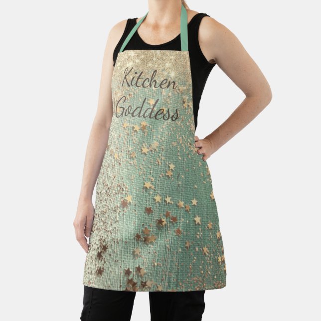 Kitchen Goddess Gold Stars on Sea Green  Apron (Insitu)