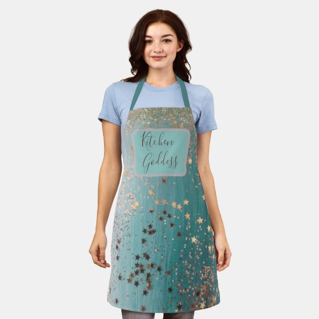 Kitchen Goddess Gold Stars On Teal Apron (Worn)