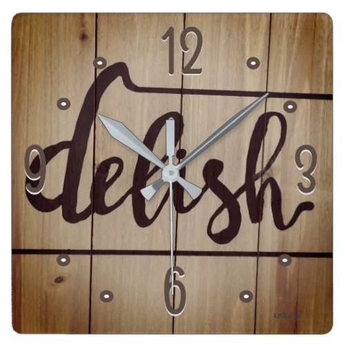 Kitchen Graphics Word DELISH Rustic Brown Square Wall Clock