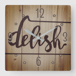 Kitchen Graphics Word DELISH Rustic Brown Square Wall Clock