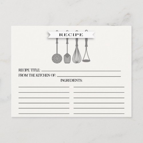 Kitchen Gray Utensils Bridal Shower Recipe Cards