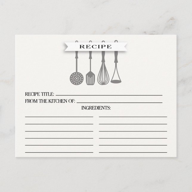 Kitchen Gray Utensils Bridal Shower Recipe Cards (Front)