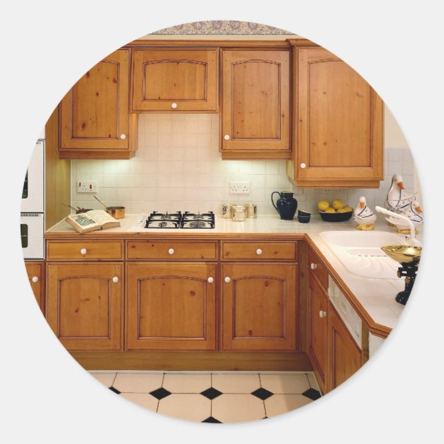 Kitchen interior with breakfast bar and oven classic round sticker (Front)