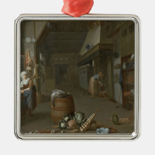 Kitchen interior with two maids preparing food metal ornament