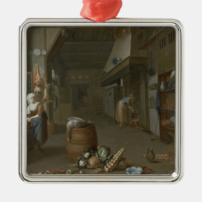 Kitchen interior with two maids preparing food metal ornament (Front)