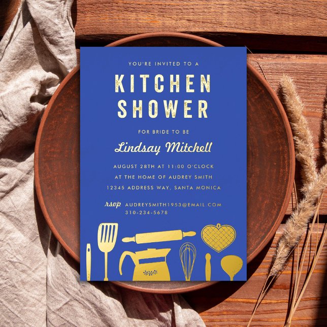 Kitchen Items Bridal Shower Blue Gold Foil Invitation (Creator Uploaded)