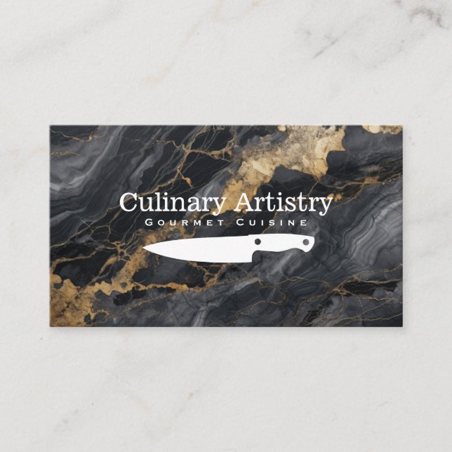 Kitchen Knife | Gold Black Marble | Chef Business Card (Front)