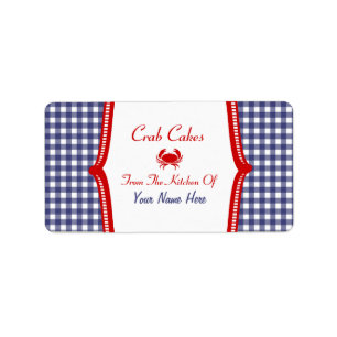 Kitchen Label - Blue Gingham And Red "Crab Cakes"
