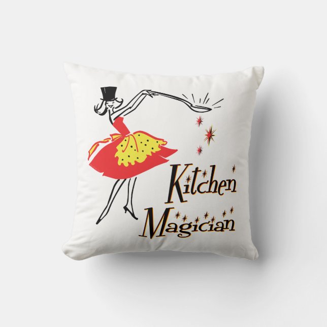 Kitchen Magician Retro Cooking Art Throw Pillow (Front)
