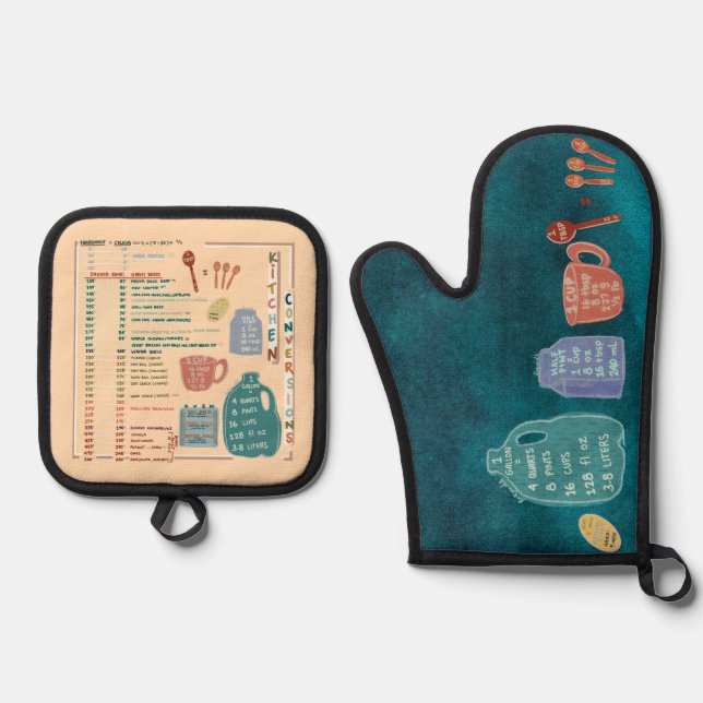 Kitchen Measurements Conversions Reference Sheet Oven Mitt & Pot Holder Set (Front)