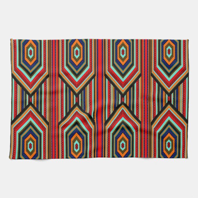 Kitchen Mexican Red Teal Blue Orange Black Inca Towel (Horizontal)