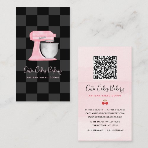 Kitchen Mixer Blush Pink Black Checkered QR Code Business Card