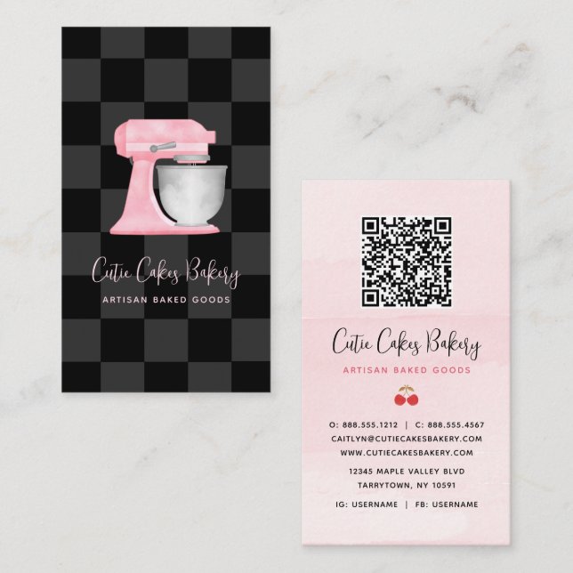 Kitchen Mixer Blush Pink Black Checkered QR Code Business Card (Front/Back)
