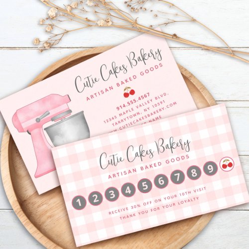 Kitchen Mixer Blush Pink Gingham Plaid Bakery Chef Loyalty Card