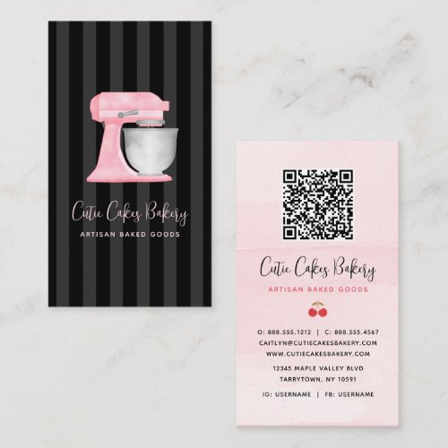 Kitchen Mixer Blush Pink on Black Stripes QR Code Business Card