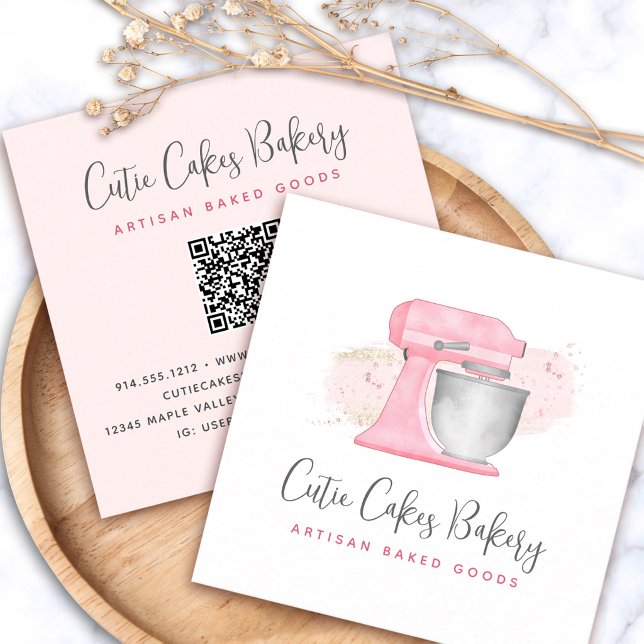 Kitchen Mixer Blush Pink QR Code Bakery Chef Square Business Card (Creator Uploaded)