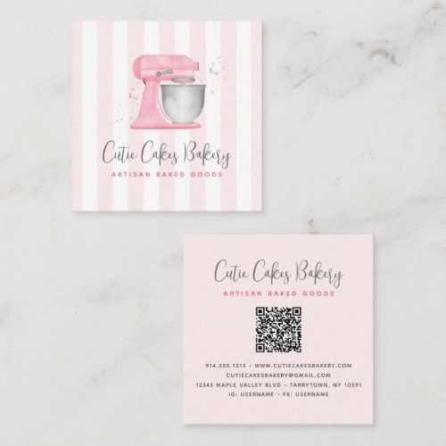 Kitchen Mixer Blush Pink QR Code Stripes Bakery Square Business Card