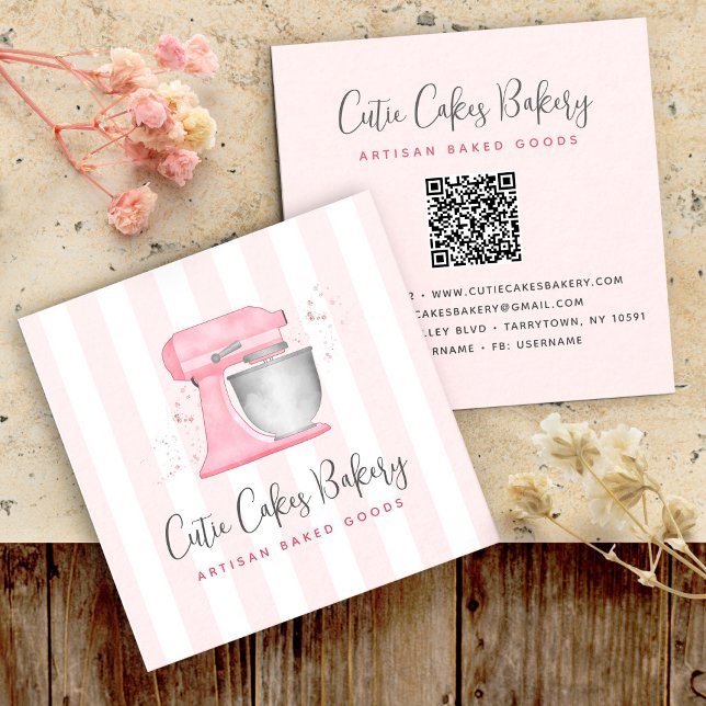 Kitchen Mixer Blush Pink QR Code Stripes Bakery Square Business Card (Creator Uploaded)