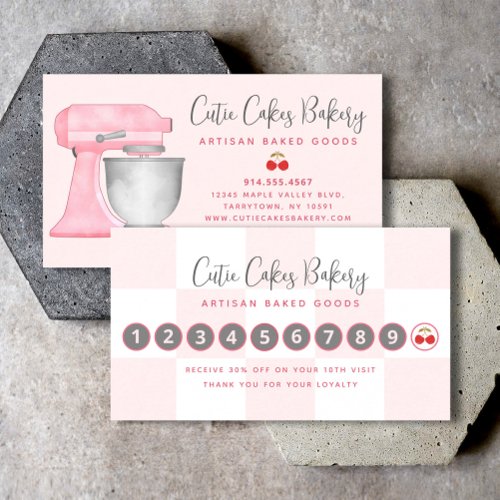 Kitchen Mixer Blush Pink White Checkered Bakery Loyalty Card