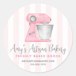 Kitchen Mixer Blush Pink White Stripes Bakery Chef Classic Round Sticker