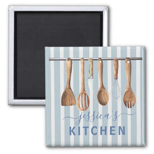 Kitchen Monogram Recipes Utensils Modern Blue Magnet