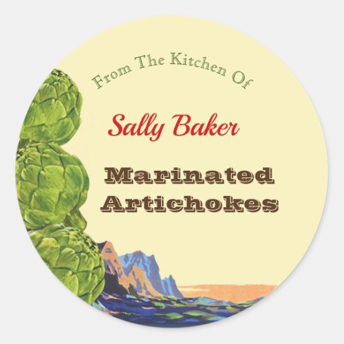Kitchen Of Retro Artichokes Editable Recipe Classic Round Sticker
