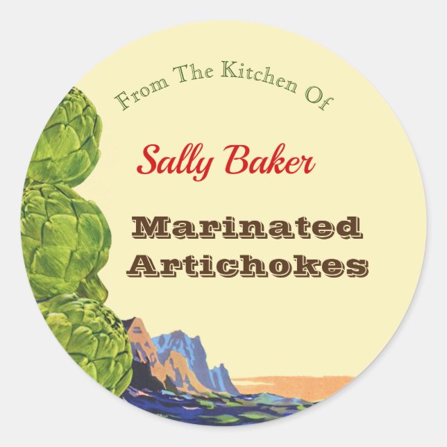 Kitchen Of Retro Artichokes Editable Recipe Classic Round Sticker (Front)