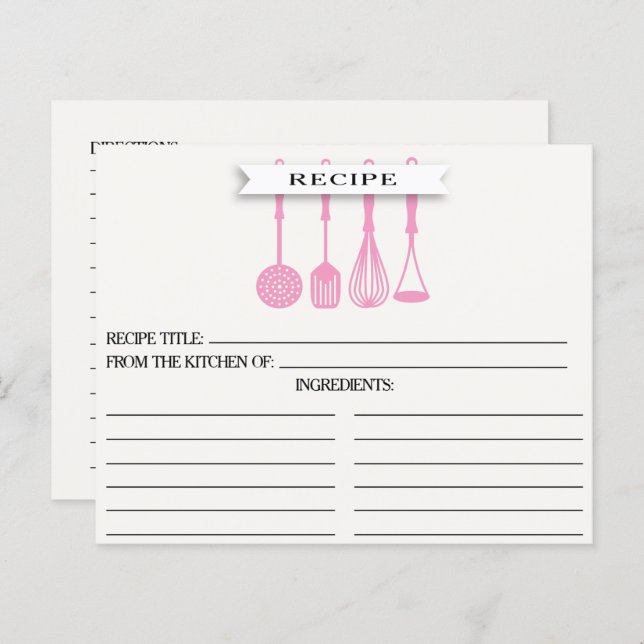 Kitchen Pink Utensils Bridal Shower Recipe Cards (Front/Back)