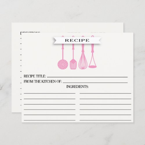 Kitchen Pink Utensils Bridal Shower Recipe Cards