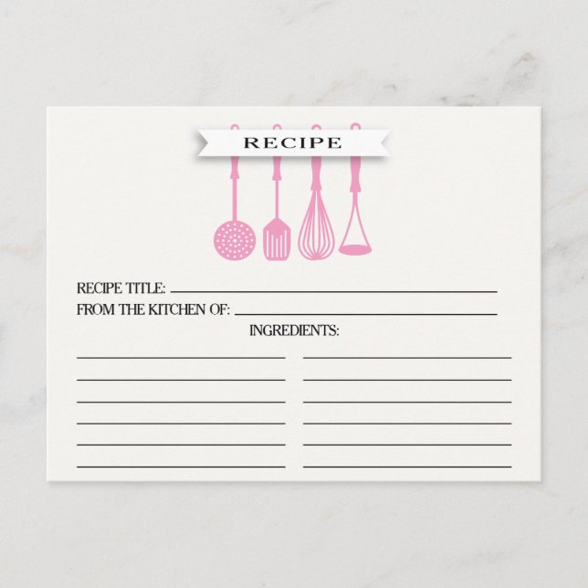 Kitchen Pink Utensils Bridal Shower Recipe Cards (Front)
