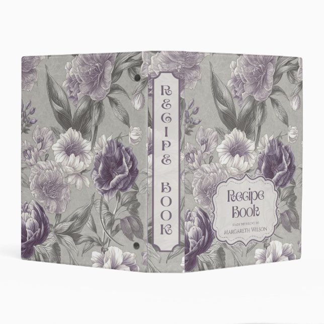 Kitchen Recipe Binder Organizer Purple Grey Floral (Background)