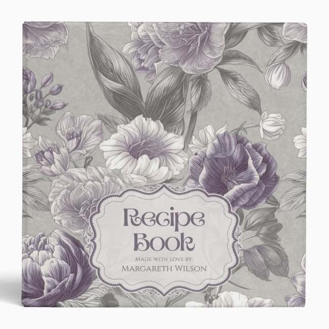 Kitchen Recipe Binder Organizer Purple Grey Floral (Front)