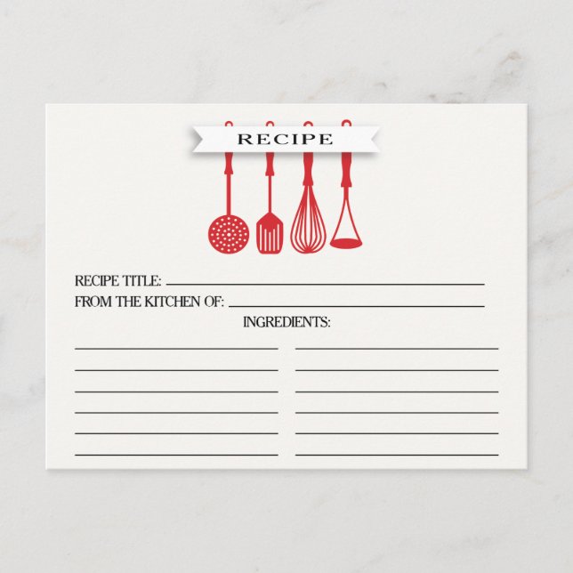 Kitchen Red Utensils Bridal Shower Recipe Cards (Front)