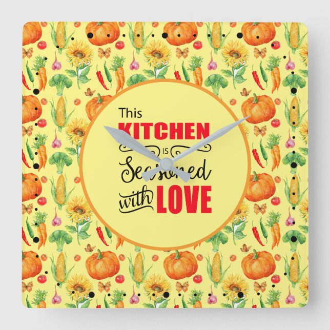 Kitchen Seasoned With Love Vegetable Pattern Square Wall Clock (Front)