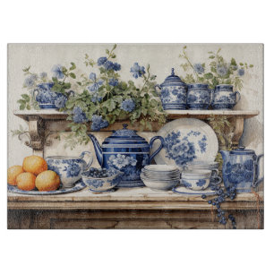 Kitchen Shelf Blue White Dishes Oranges Cutting Board
