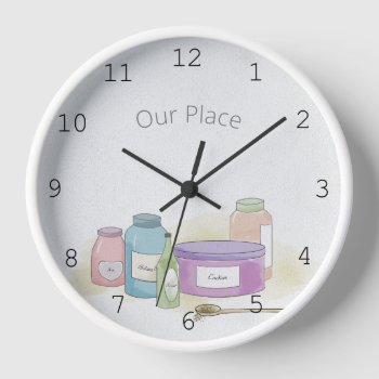 Kitchen Still Life In Pastel Watercolor Clock by colorwash at Zazzle