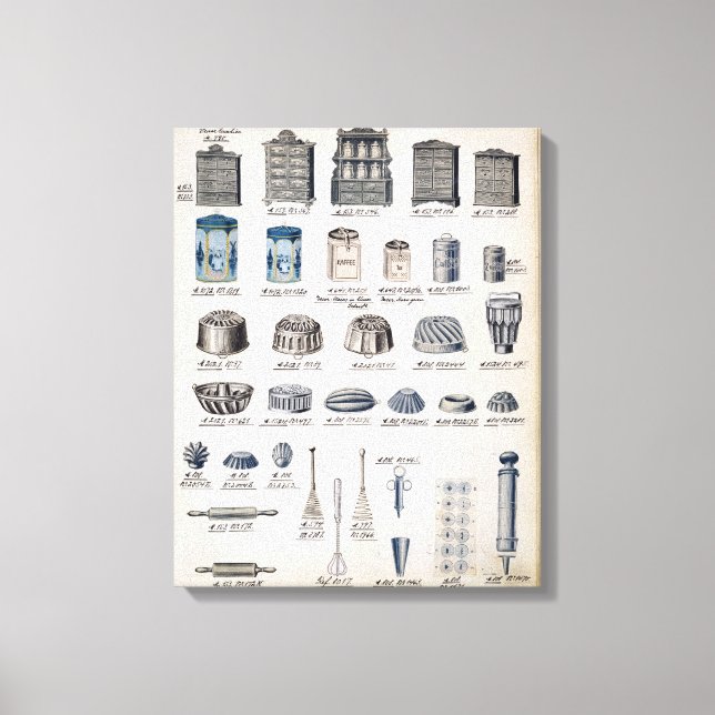 Kitchen storage and utensils from a trade catalogu canvas print (Front)