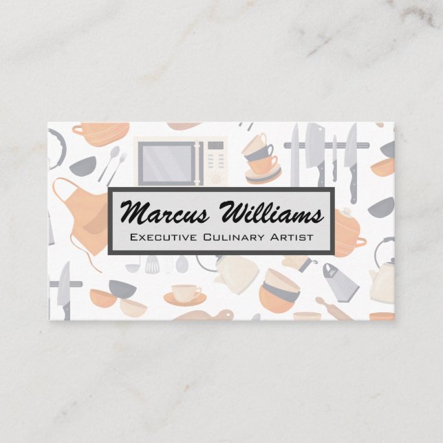 Kitchen Tools and Equipment Pattern Business Card (Front)