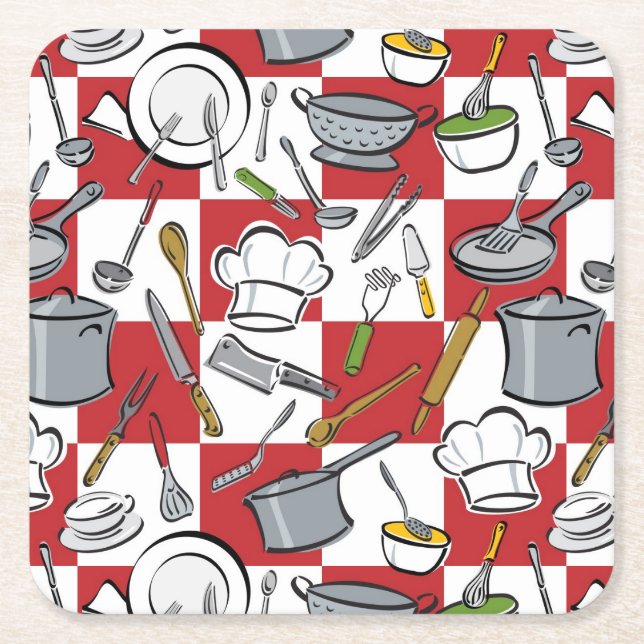 Kitchen Tools Check Square Paper Coaster (Front)