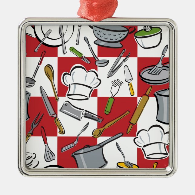 Kitchen Tools Checkerboard Metal Ornament (Front)