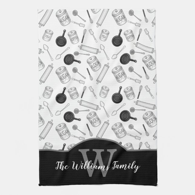 Kitchen Tools Pattern Monogram - Black | White Towel (Vertical)