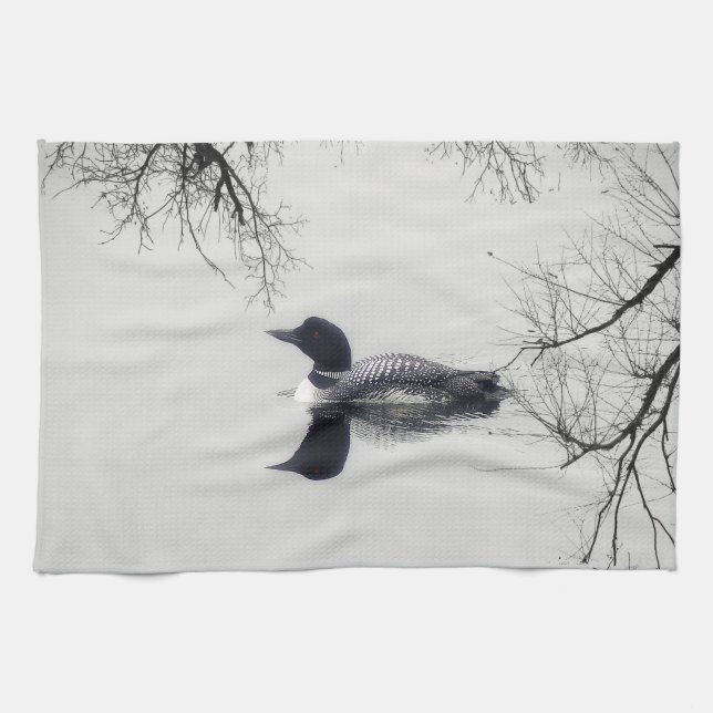 Kitchen towel Black and white loon on a lake (Horizontal)