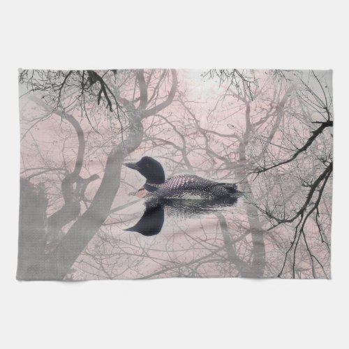 Kitchen towel Black and white loon on a lake pink
