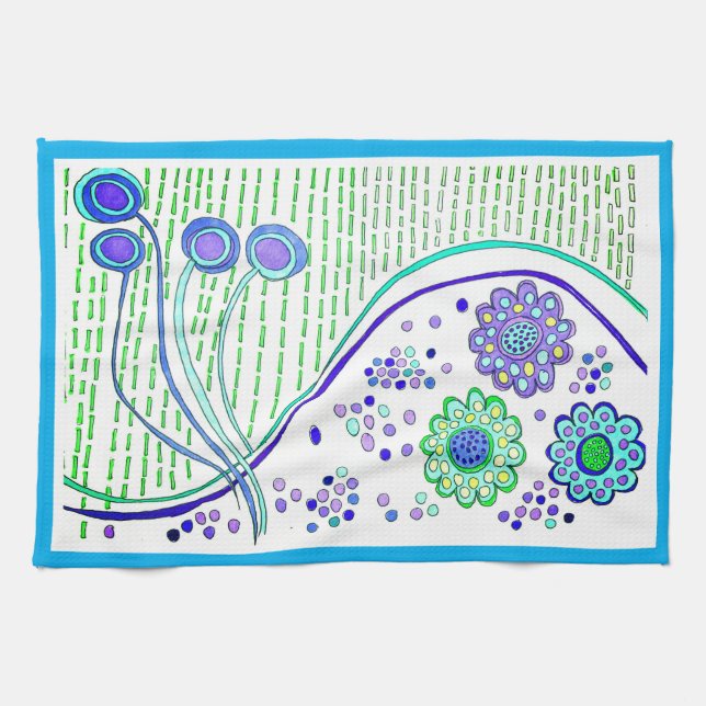 KITCHEN TOWEL "CELESIAL FLOWERS"   blue trim (Horizontal)