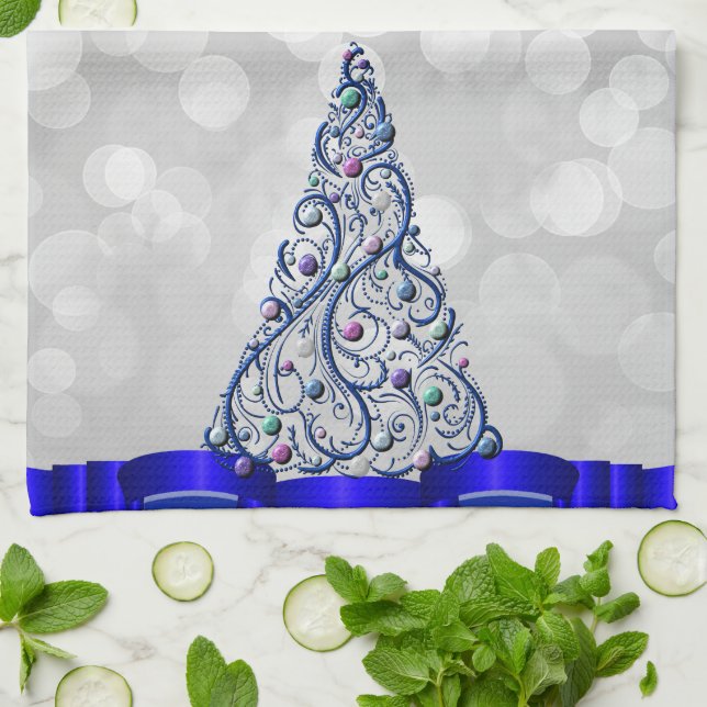 Kitchen Towel - Cobalt Swirls Tree (Folded)